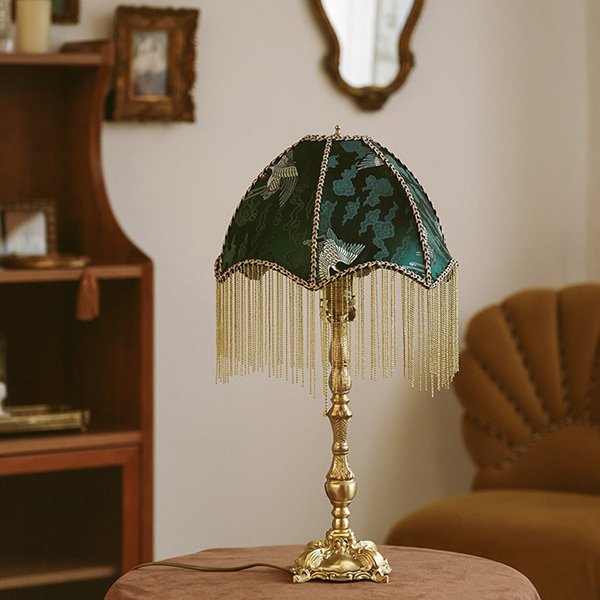 Vintage Tassel Table Lamp - Brass - Deep Green Shade with Delicate Patterns image